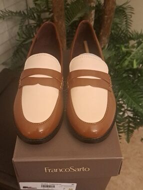 Franco Sarto Two-Tone Tan and Cream Penny Loafers